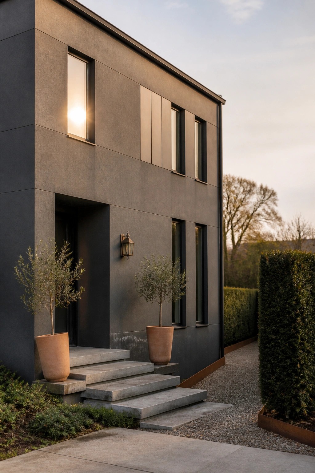 A modern two-story house with dark gray stucco exterior, black-framed windows, concrete entry steps, and two large terracotta pots with small trees flanking the doorway.