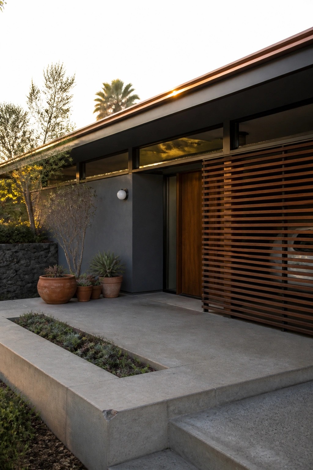 Modern house exterior with dark gray walls, a wooden front door, horizontal wood slats on one section, concrete steps, and several terracotta pots with plants.