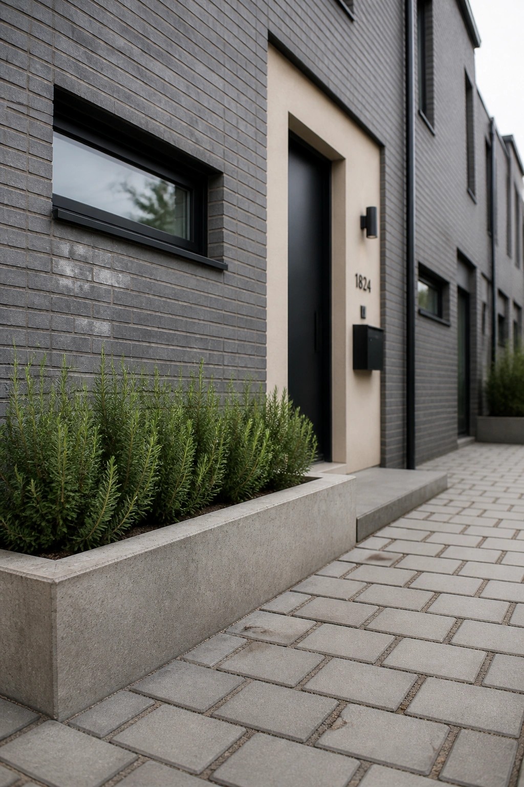Modern house exterior with dark gray brick, black door, beige door surround, concrete planter with green shrubs, and paved walkway.