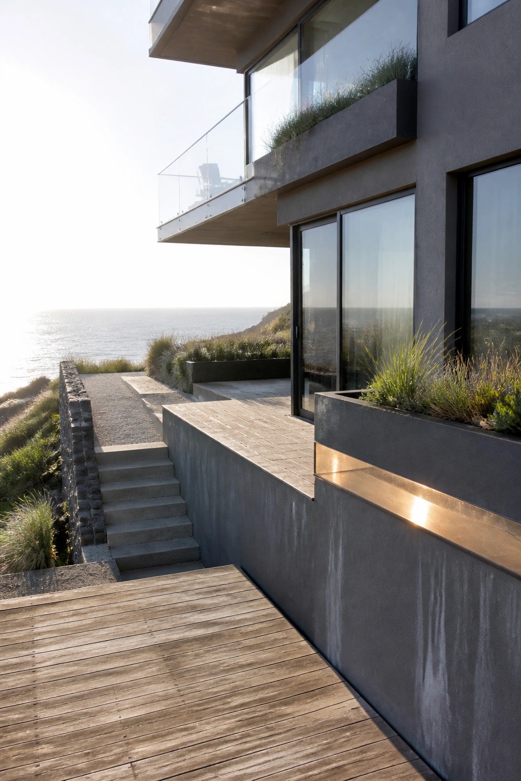 A modern house with dark gray concrete exterior walls, large windows, a cantilevered balcony, and a wooden deck with concrete stairs overlooking the ocean.
