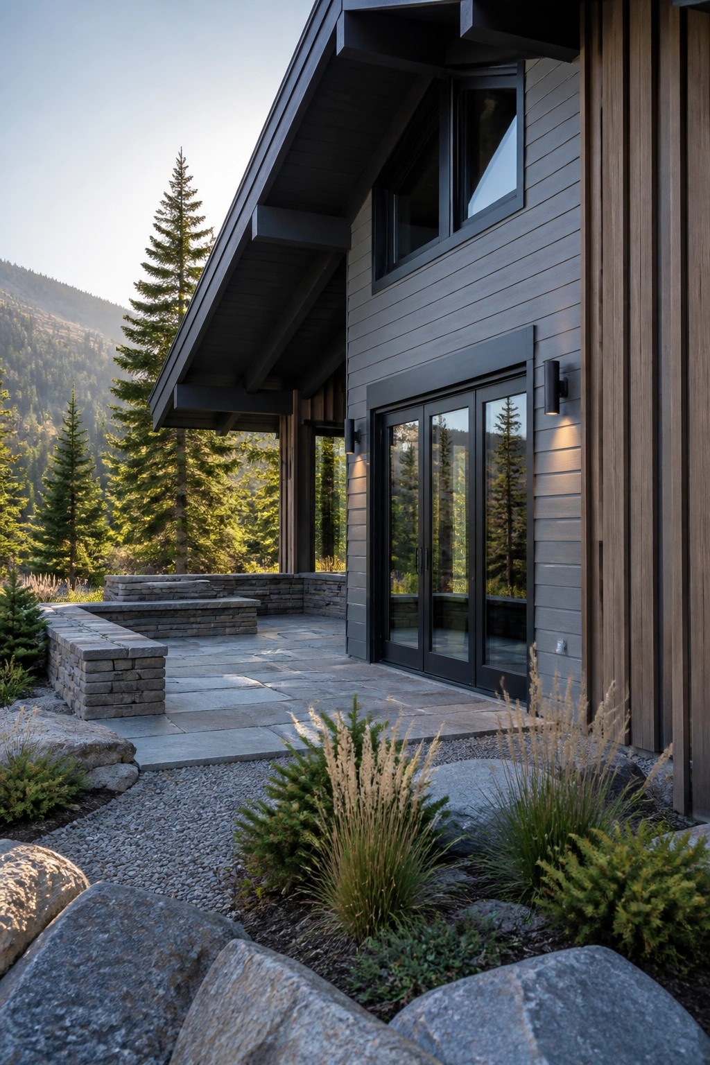A modern house exterior with dark gray horizontal siding, black-framed glass doors, wood accents, and a stone patio with surrounding rocks and plants.
