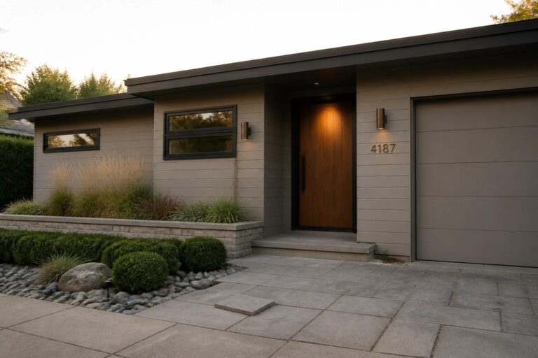 Modern house exterior with muted gray siding, a wooden front door, gray garage door, and concrete walkway with low landscaping.