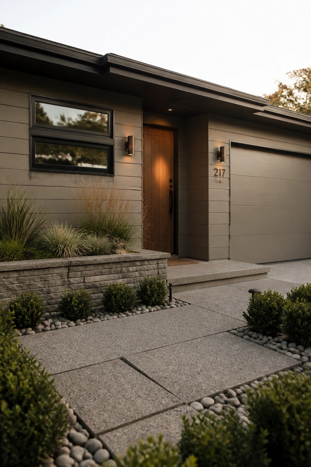Modern house exterior with muted gray siding, a wooden front door, gray garage door, and concrete walkway with low landscaping.