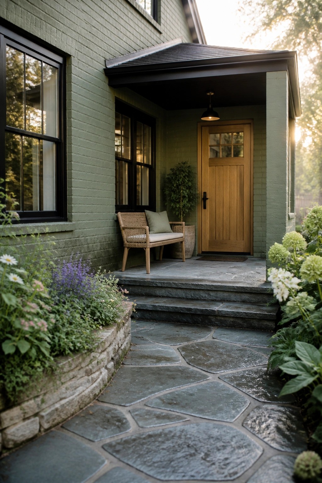 A green painted brick house exterior with black window trim, a wooden front door, stone steps, and a stone pathway lined with plants.