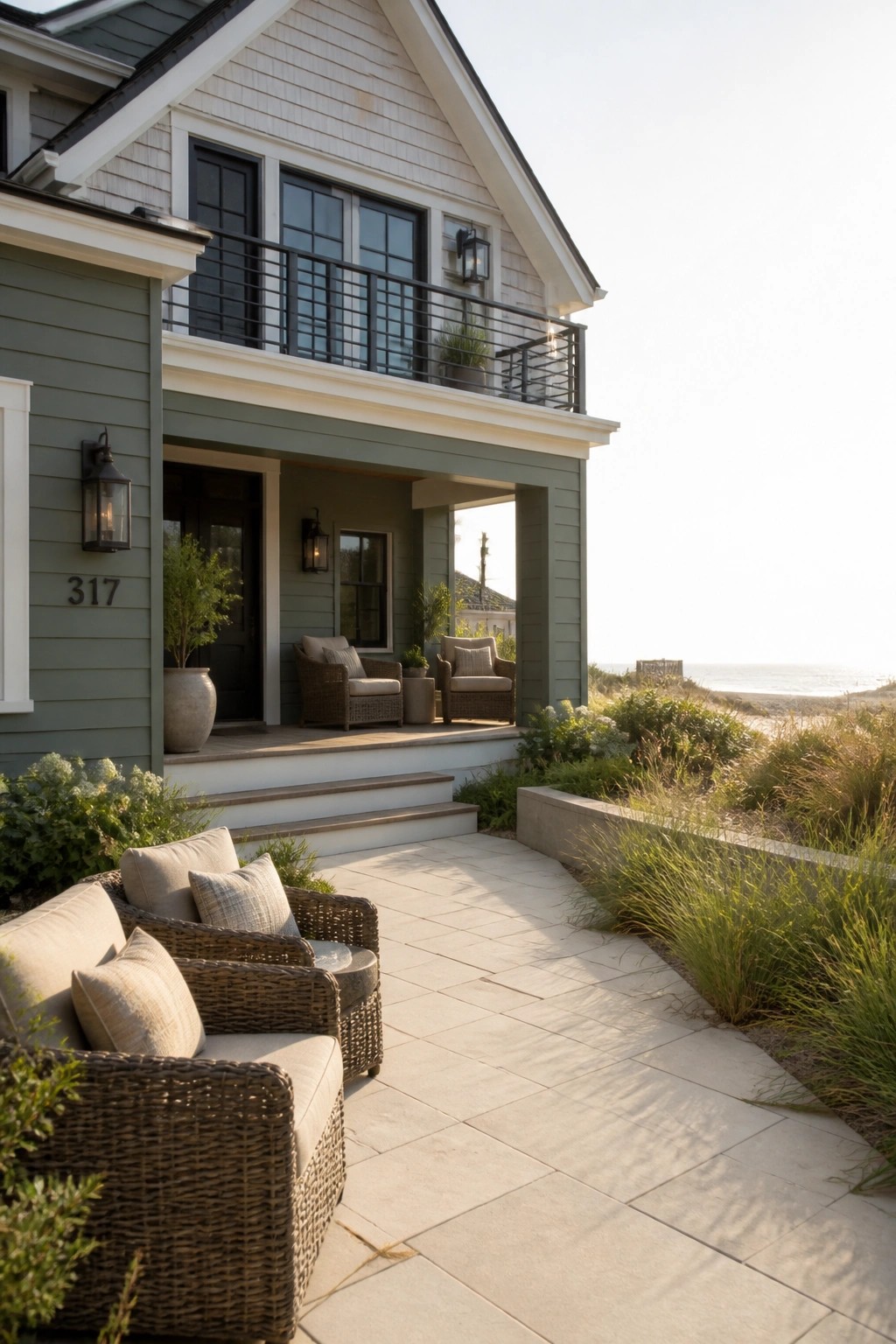 A two-story house with sage green siding, white trim, black windows and doors, and a paved patio with woven outdoor furniture facing the ocean.