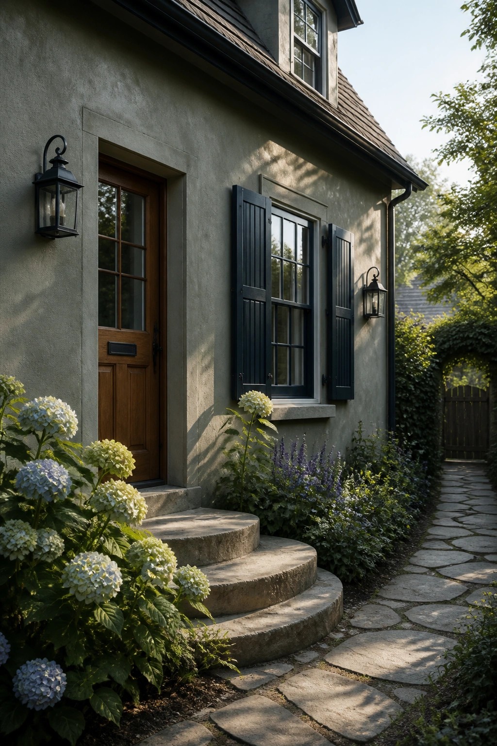 A house exterior with muted green-gray stucco walls, a wooden front door, dark shutters on the windows, stone steps, and flowering plants along a stone path.