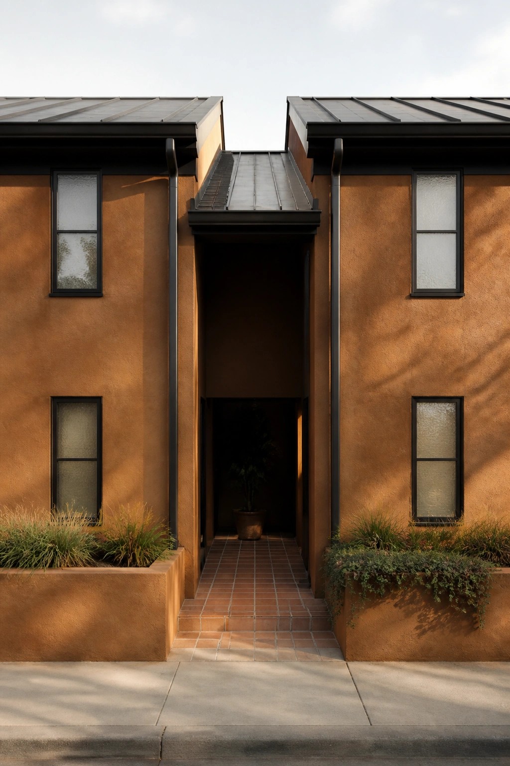 A modern house exterior with warm terracotta stucco walls, dark metal roof trim, small windows, and a central tiled walkway entrance flanked by low planters.