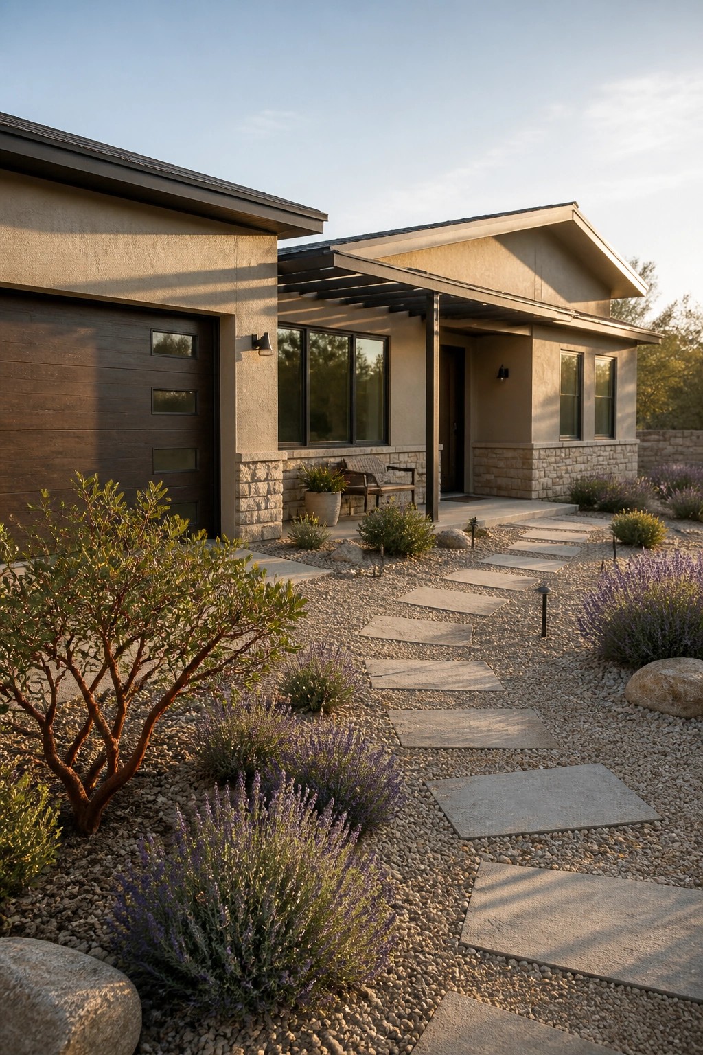A modern single-story house with beige stucco walls, stone foundation, dark wood garage door, and a gravel pathway lined with lavender plants.