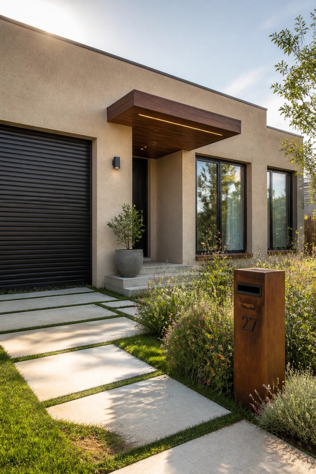Modern single-story house with beige stucco walls, black garage door, dark-framed windows, and a wood entry canopy above concrete steps and a front walkway.