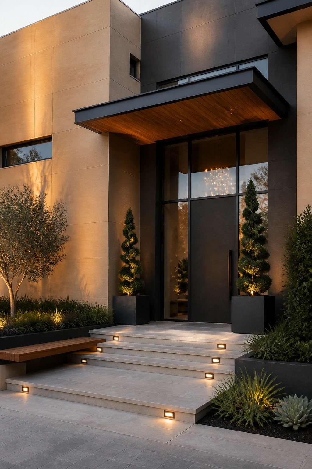 Modern house exterior featuring a large beige wall, black-framed entry with overhang, concrete steps with recessed lights, and tall potted shrubs.
