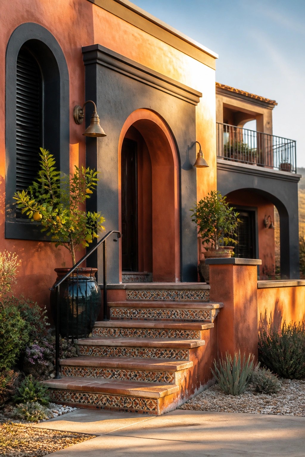 A house exterior featuring warm orange stucco walls, a dark arched doorway, tiled stairs, and potted plants beside the entrance.