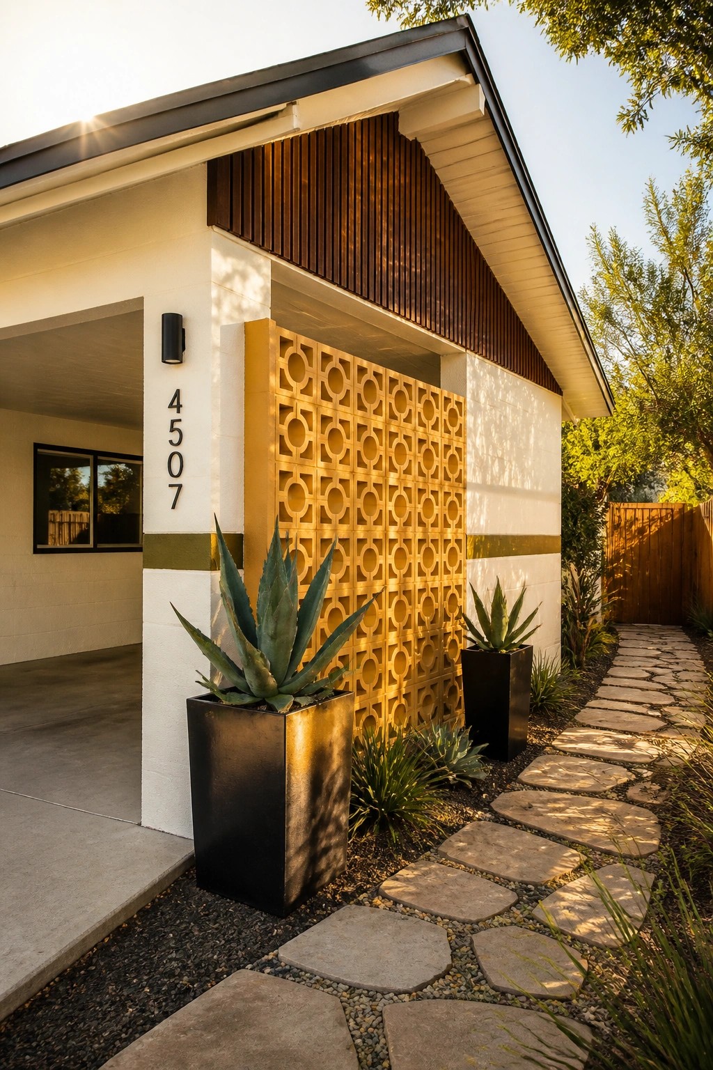A house exterior featuring white walls, a golden patterned breeze block screen, brown wood slats, black planters with agave plants, and a stone pathway.