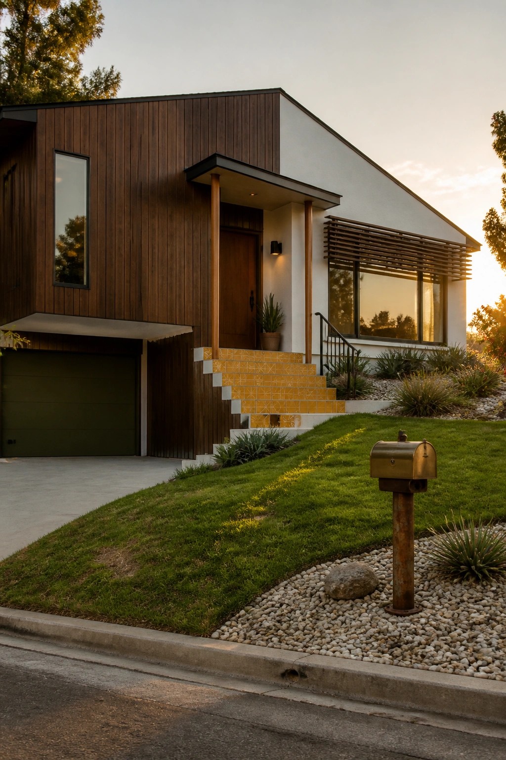 A modern house exterior with vertical brown wood siding, white walls, a dark green garage door, and yellow tiled stairs leading to the entrance.