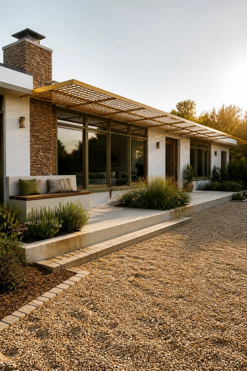 A modern single-story house with white walls, a stone chimney, large windows, and an ochre lattice pergola over a concrete patio beside a gravel driveway.