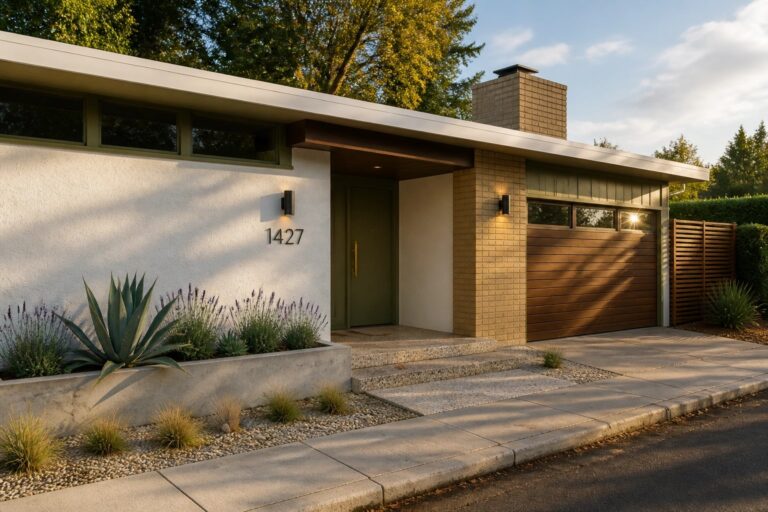 Mid-century modern house with wooden garage, green door, agave planter, and brick chimney.