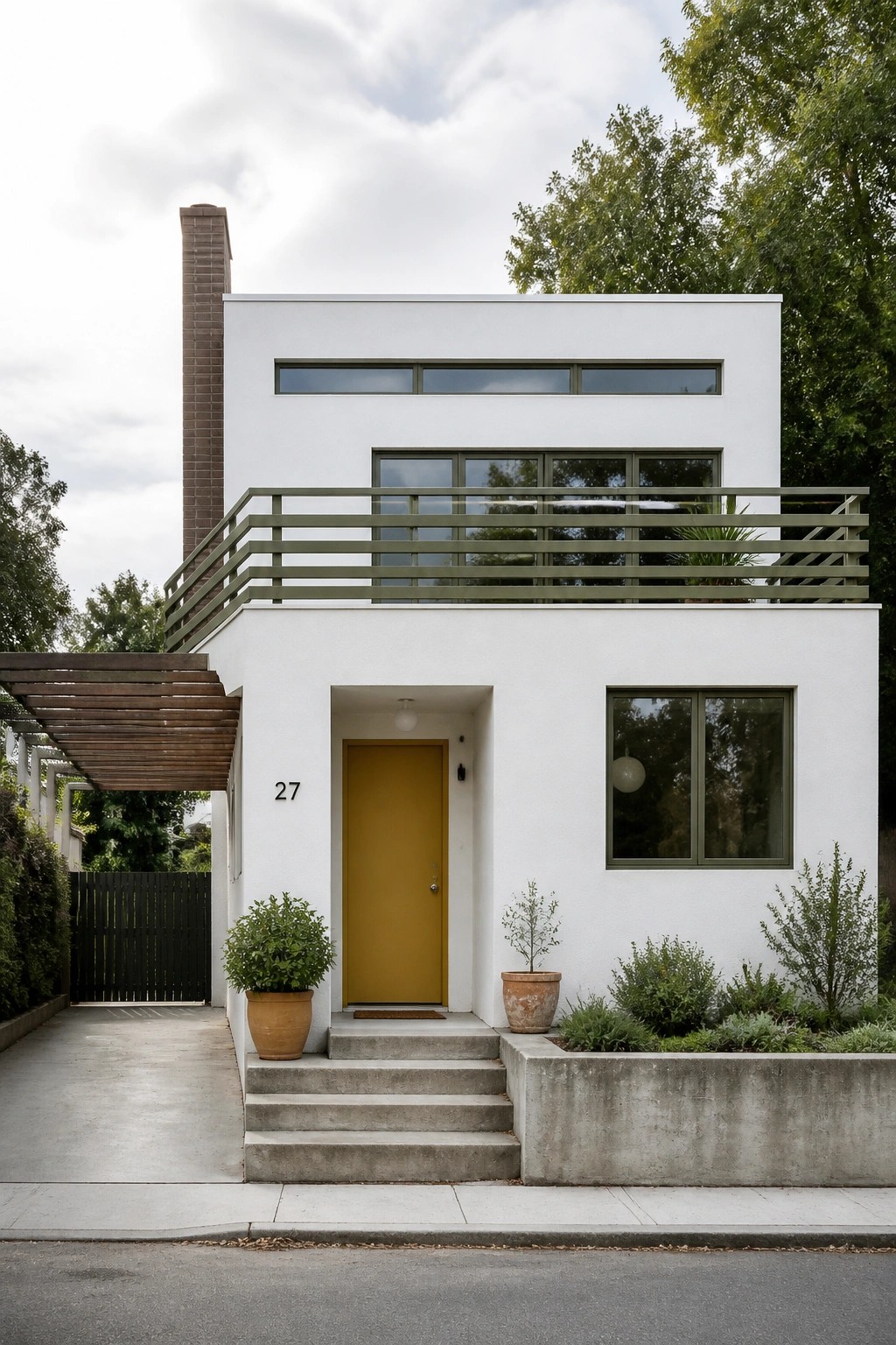 A front view of a white two-story modern house with a yellow door, olive green balcony railing, and a brown brick chimney on the left side.
