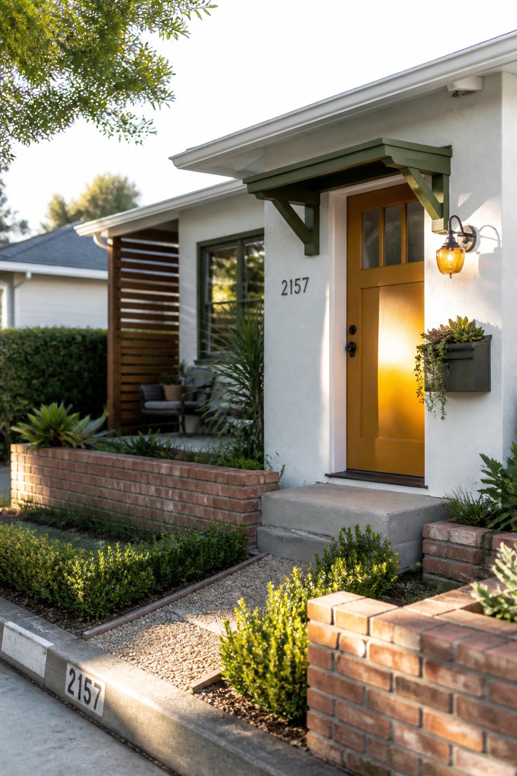 Front view of a white mid-century house with a bright yellow door, green trim over the entry, and brick garden edging.
