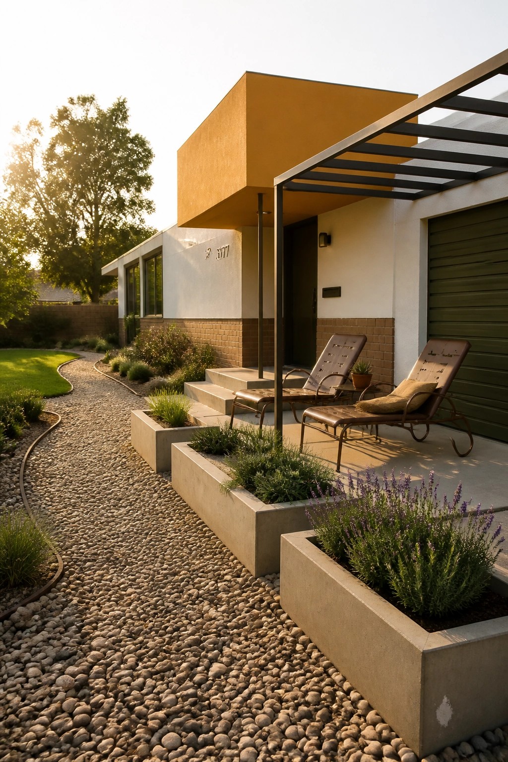 A mid-century modern house exterior with a prominent ochre upper volume, white walls, brick base, green garage door, and two lounge chairs on a concrete patio beside gravel landscaping.