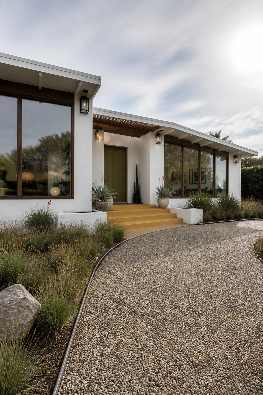 A white mid century modern house with an olive green front door, yellow steps, large windows, and a gravel driveway in the foreground.