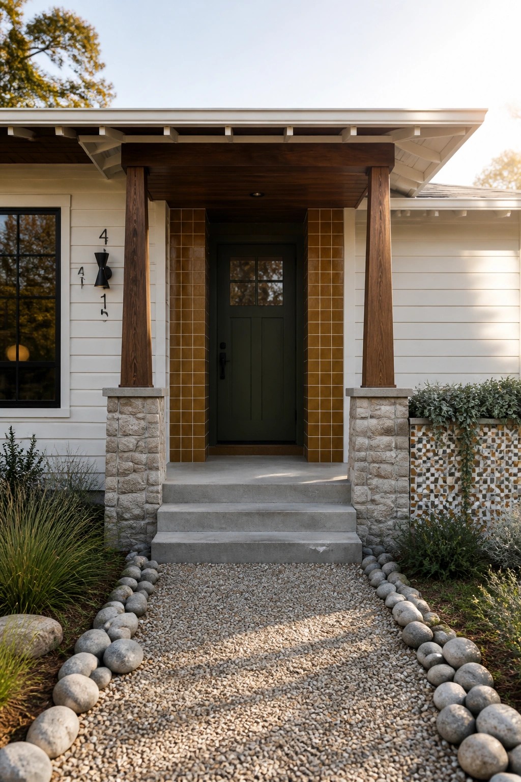 A front entry of a white house with a dark green door, brown wooden posts, ochre tile accents, and stone bases leading to concrete steps with a gravel path.