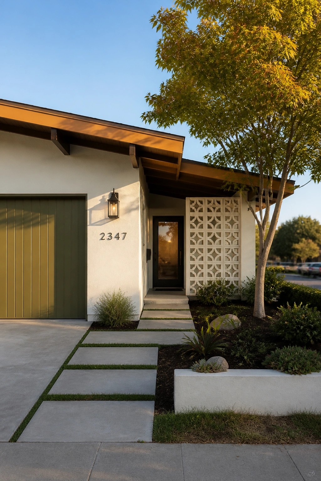 Front view of a white stucco house with an olive green garage door, black front door, brown roof overhang, and a concrete pathway leading to the entrance.