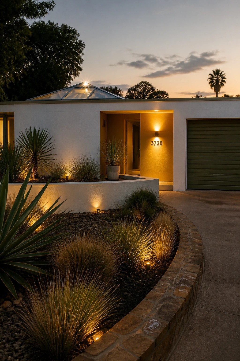 A single-story white house with an olive green garage door, a recessed entry lit with warm light, and a curved stone-edged garden bed in the foreground at dusk.