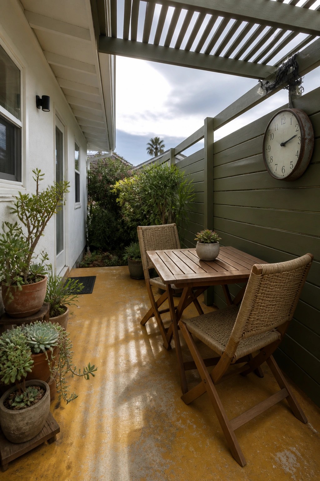 Yellow-floored patio with wooden table, woven chairs, potted succulents, and wall clock
