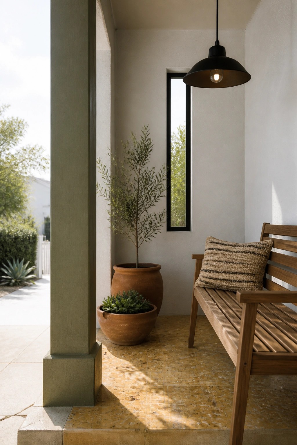 A covered outdoor seating area features a wooden bench with a striped pillow, two terracotta pots with plants, a green painted pillar, white walls, and an ochre tiled floor under a black pendant light.