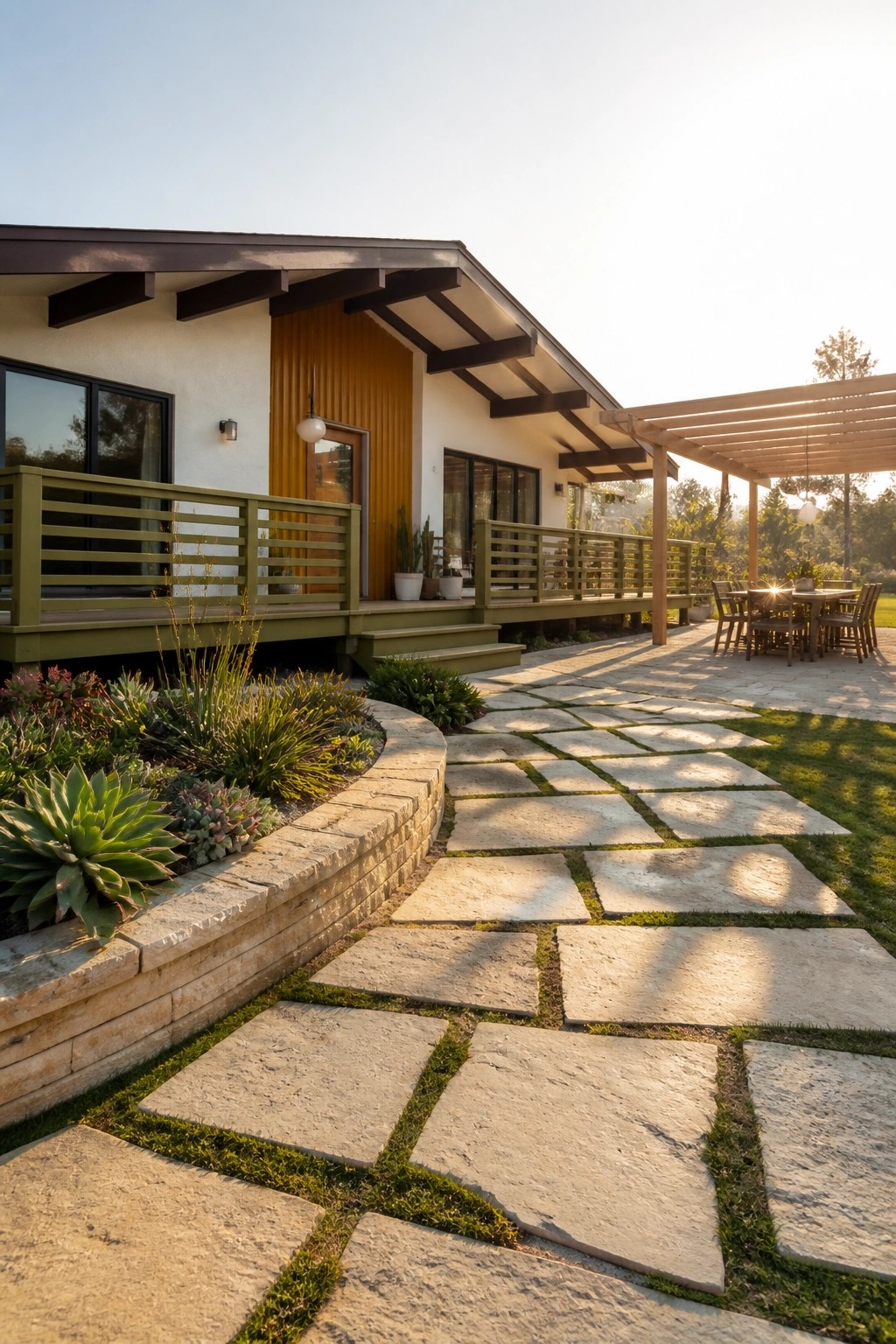 A mid-century modern house exterior featuring white walls, an ochre wood accent wall, olive green deck railings, a stone pathway, and a patio with a pergola.