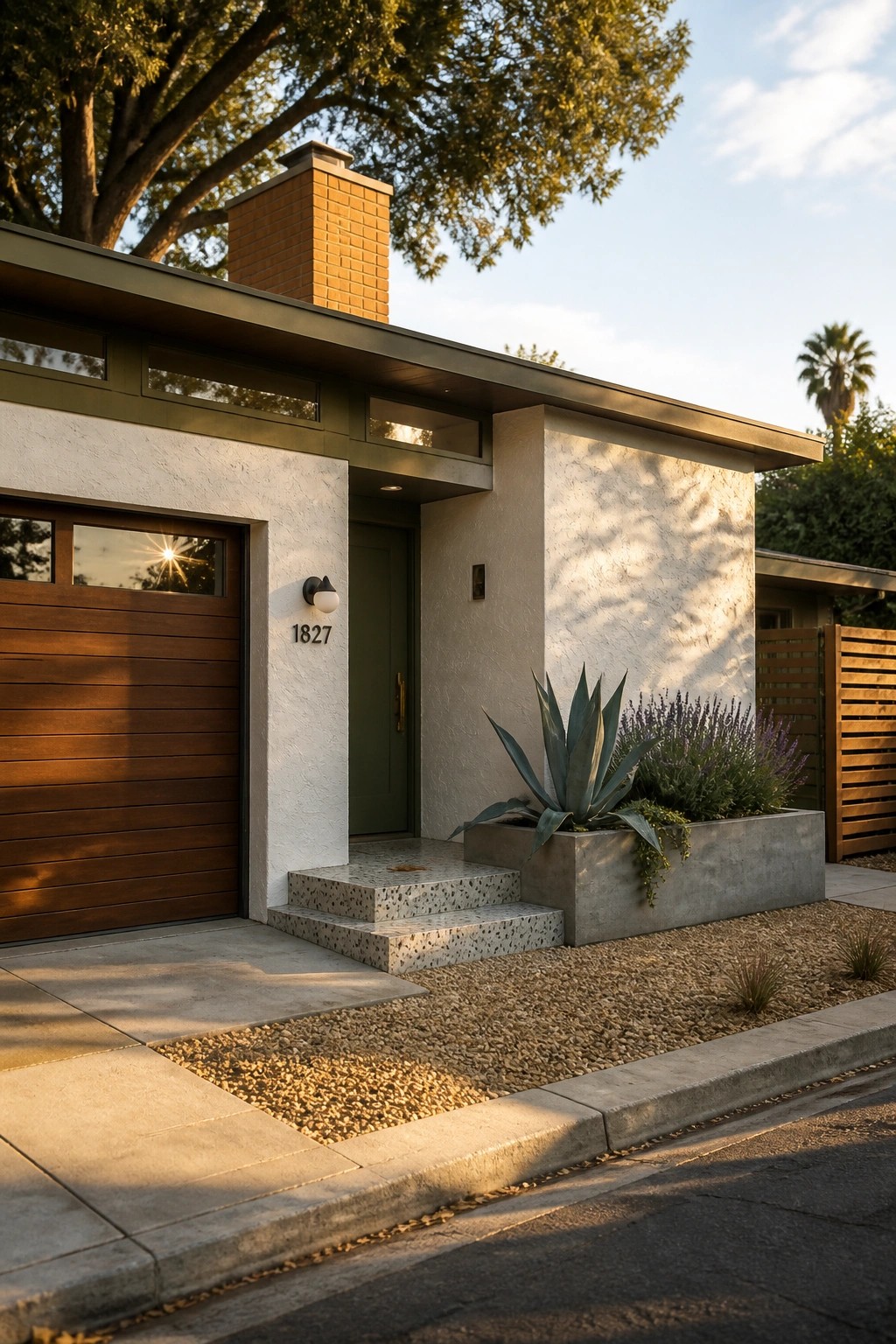 Mid-century modern house with wooden garage, green door, agave planter, and brick chimney.