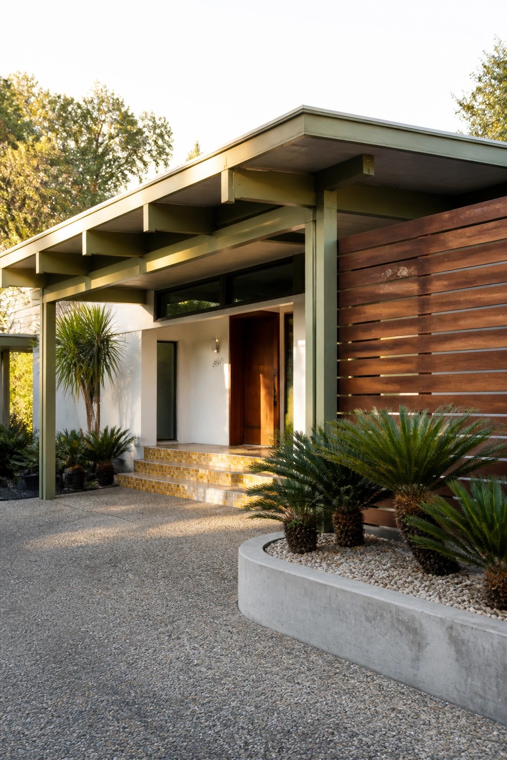 Modern home entrance with green overhang, wooden door, tiled steps, and palm plants.