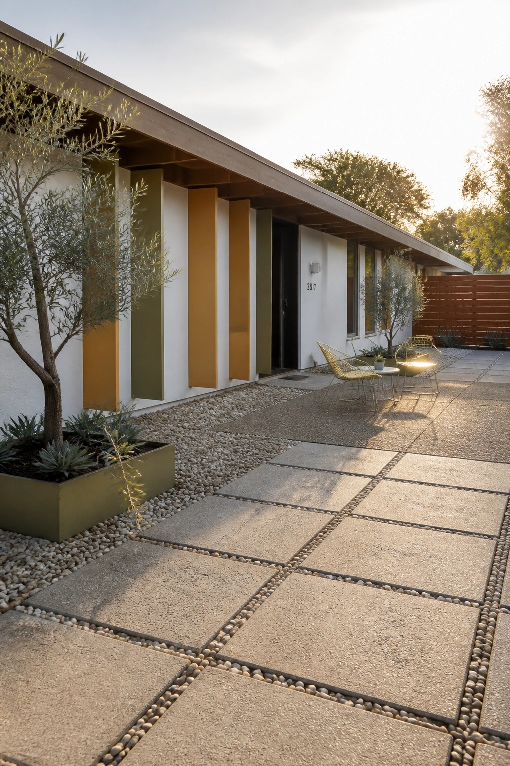 Modern home with colorful striped facade, pebble patio and yellow chairs.