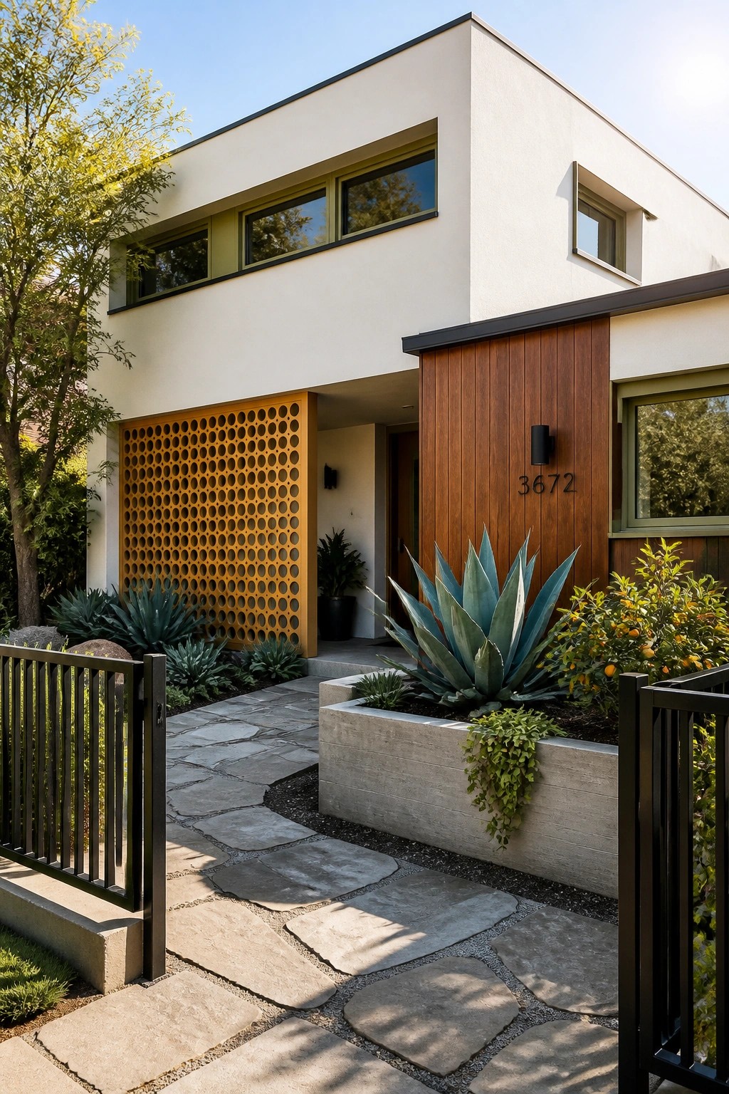 A two-story modern house with white walls, olive green window frames, a large ochre perforated wood screen, brown vertical wood siding, and a stone path bordered by agave plants and a concrete planter.
