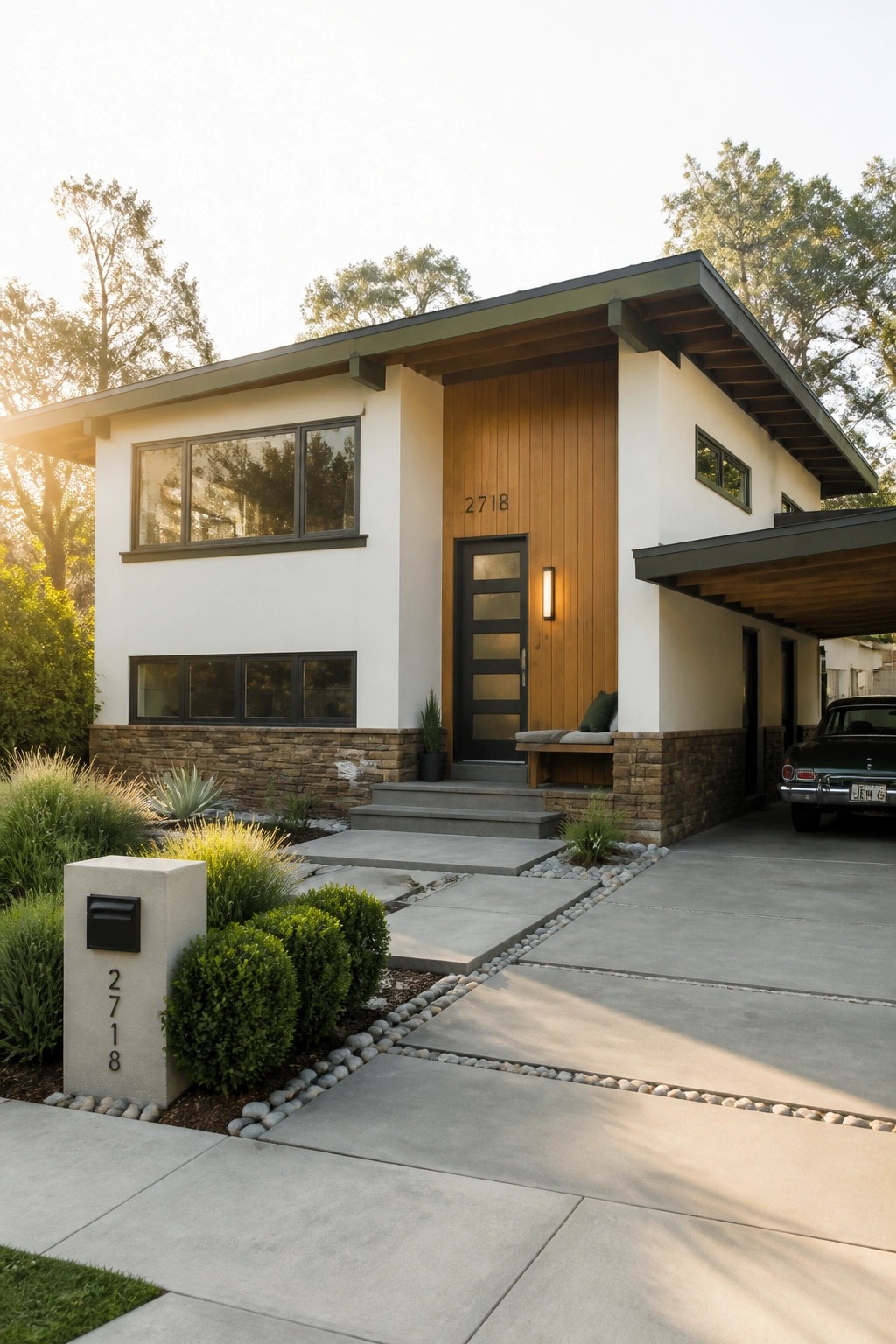 A front view of a modern house with white walls, vertical wood siding around the entrance, a stone base, concrete steps, and a dark front door.