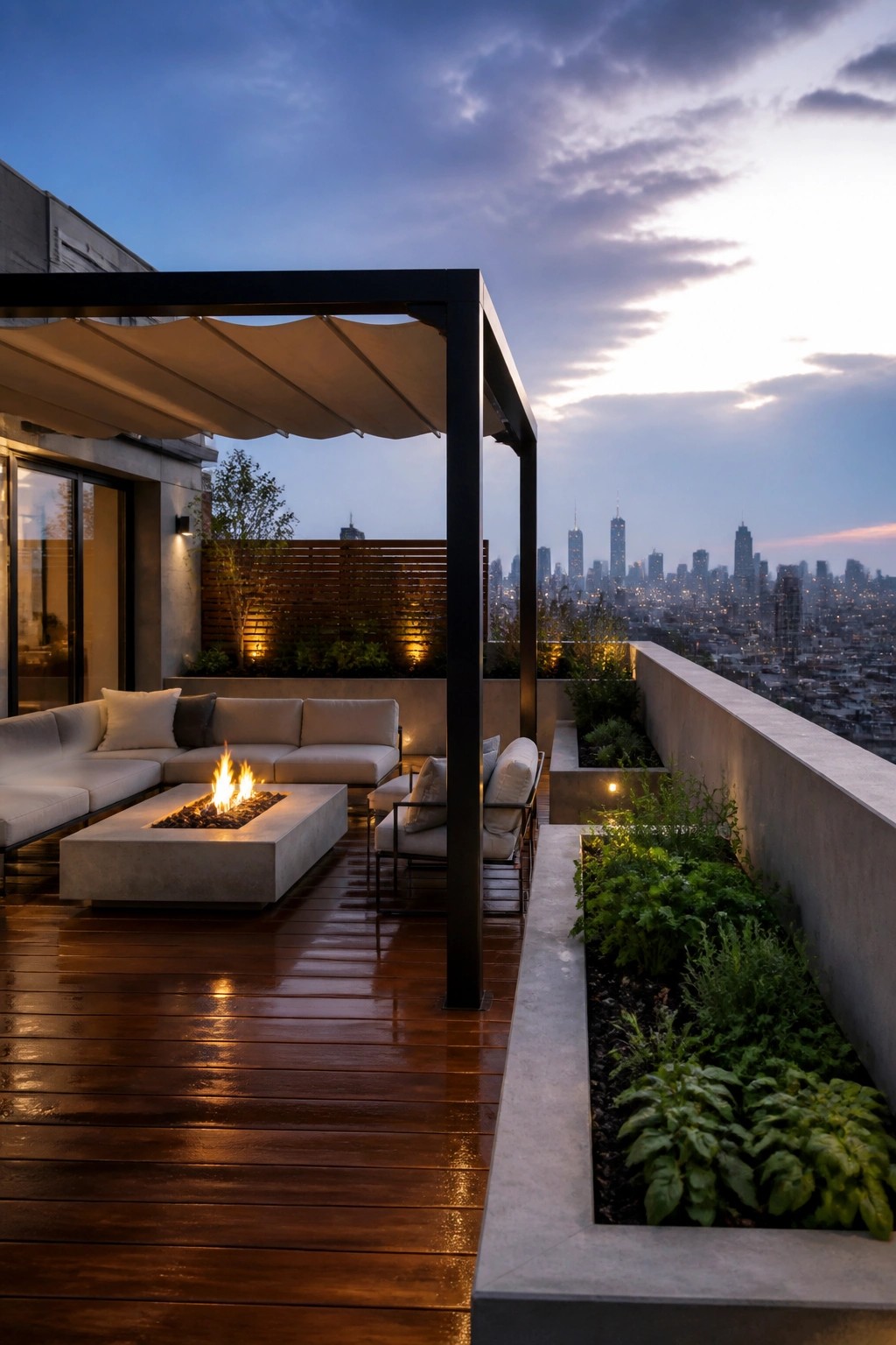 Modern rooftop terrace with fire pit, seating, and glowing city skyline at dusk