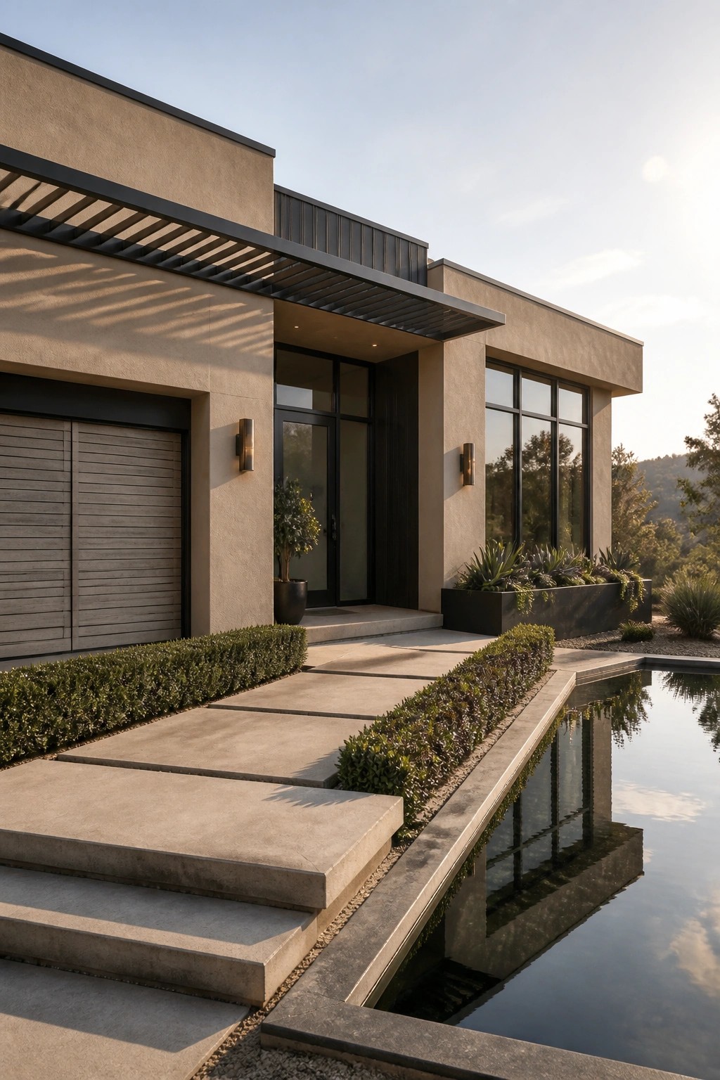 Modern single-story house with warm beige stucco walls, dark metal roof overhang, black window frames, concrete steps, and a reflecting pool along the right side.