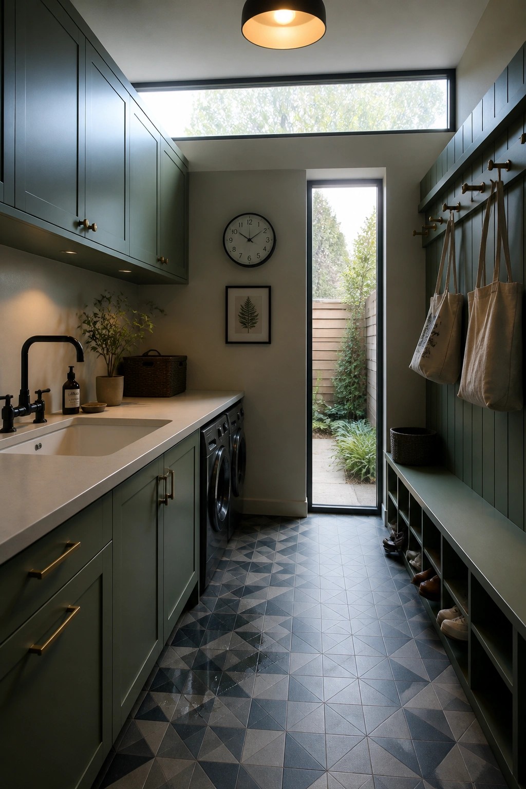 Interior view of a narrow utility room with dark green cabinets, a white countertop, washer and dryer, patterned tile floor, and a long green bench with cubbies and wall hooks holding shoes and tote bags.
