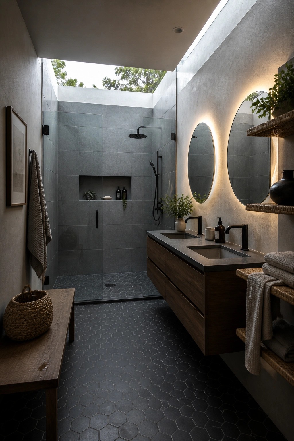 A modern bathroom featuring dark gray tiles on the floor and shower walls, a floating wooden vanity with two sinks, black fixtures, and a skylight above the open shower.