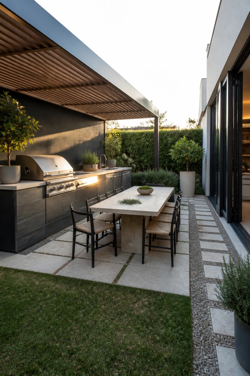 Modern outdoor kitchen with stainless steel grill, dark cabinetry, and concrete dining table with woven chairs on a paved patio beside grass and gravel.