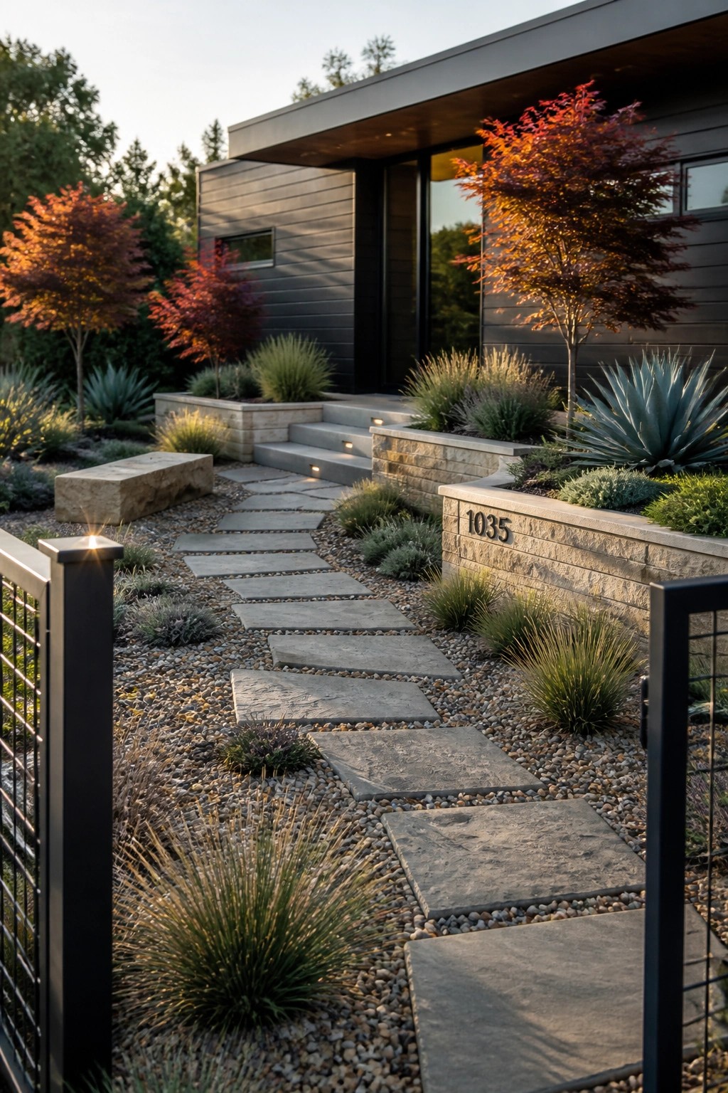 Modern house with dark gray siding, stone entry walls marked 1035, gravel path with large stepping stones, and trees with bright red-orange leaves.