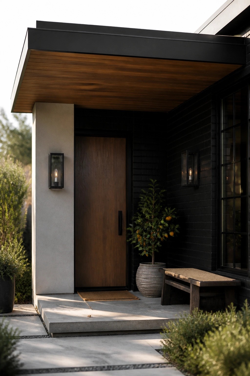 Modern house entry with black siding, wood ceiling overhang, brown door, wall sconces, and a potted tree next to a bench on a concrete porch.