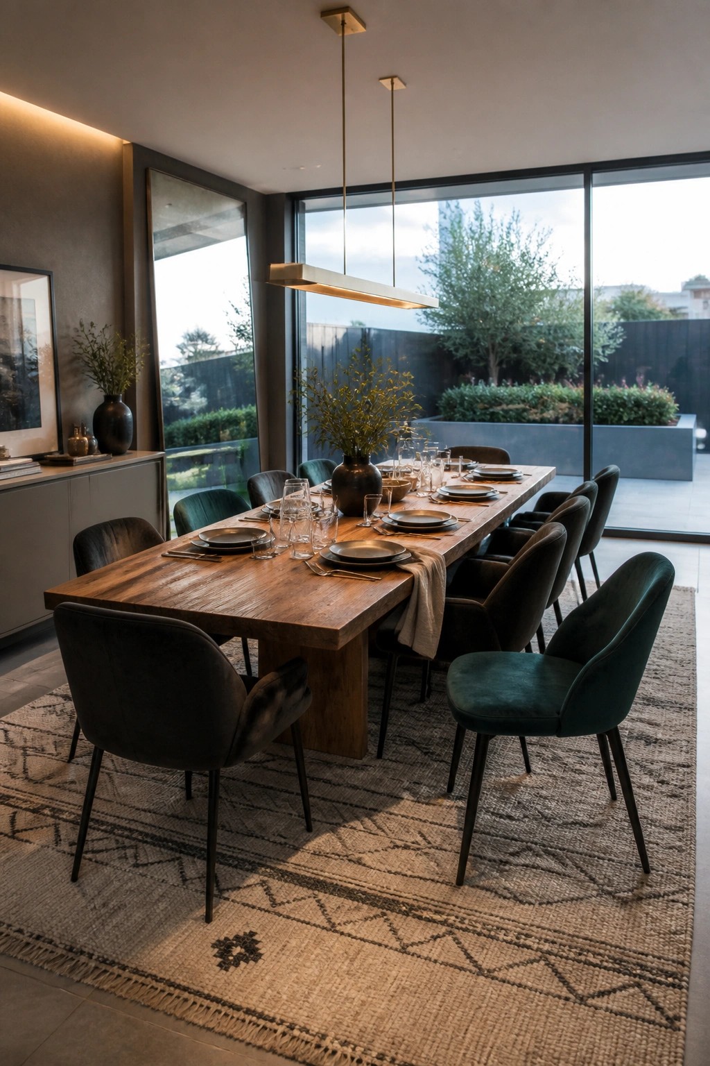A modern dining room with a long wooden table surrounded by black and dark green velvet chairs, set with dark plates and glassware beneath a linear pendant light and large windows.