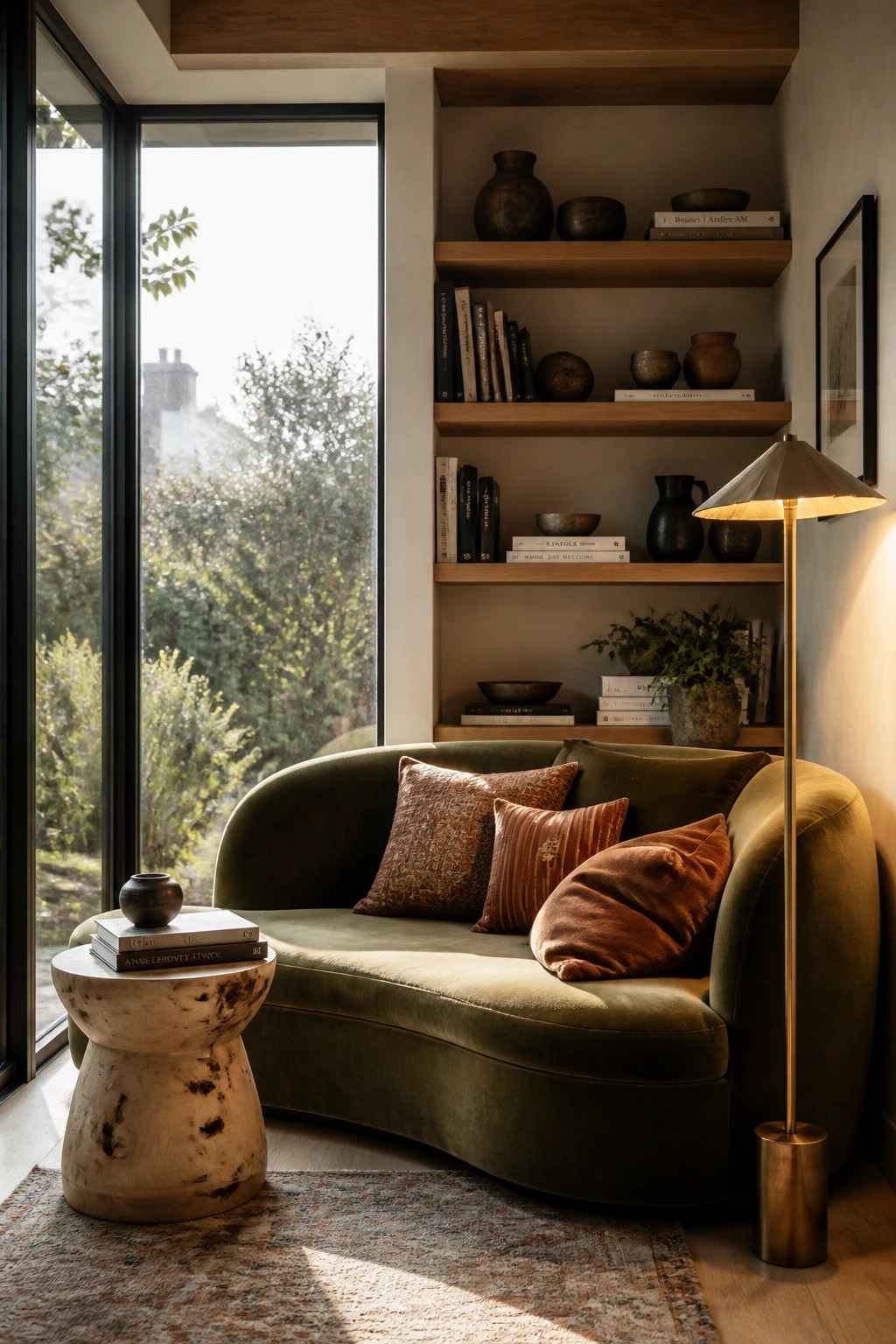 A modern interior with a curved olive green velvet sofa, terracotta pillows, built-in wooden shelves holding books and pottery, a stone side table, and a large floor lamp next to a tall window.