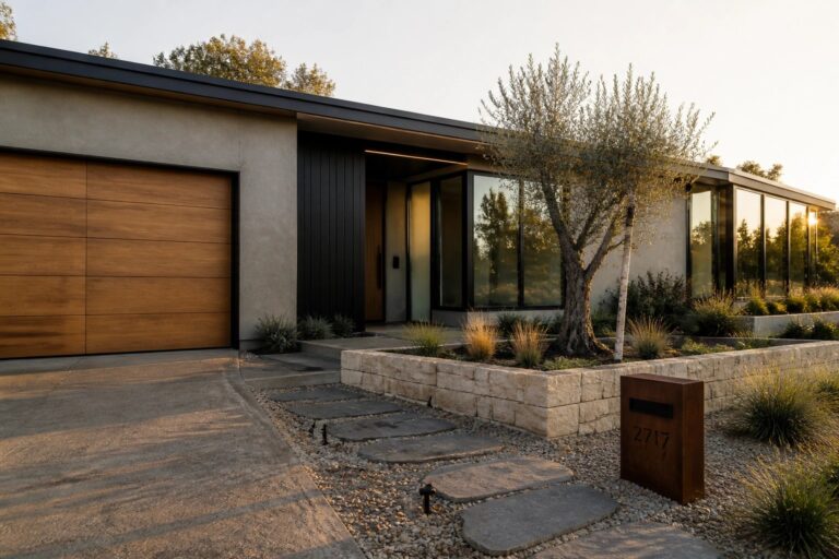 Modern house with wood garage, stone path, olive tree, and mailbox at dusk