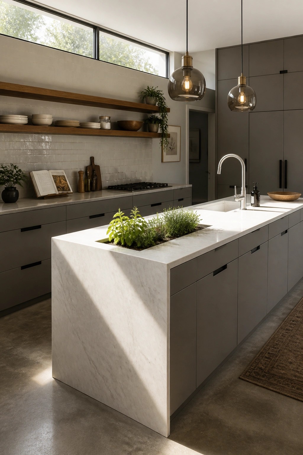 Modern kitchen interior with gray base cabinets, a large white marble island containing a central herb planter, floating wood shelves, and two glass pendant lights.