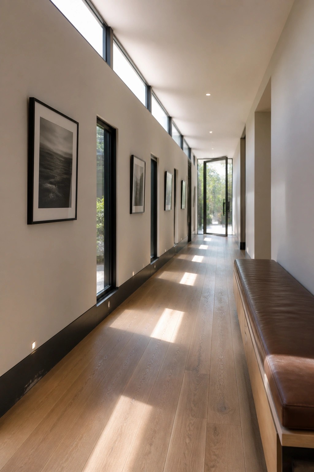 A long interior hallway with light wood flooring, white walls, black-framed windows, and a brown upholstered bench along one side.