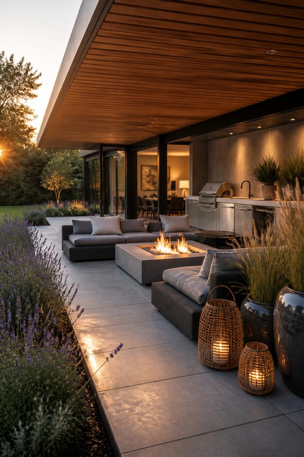 Modern outdoor patio with gray sectional seating arranged around a square concrete fire pit beneath a wooden ceiling overhang, next to an outdoor kitchen area.