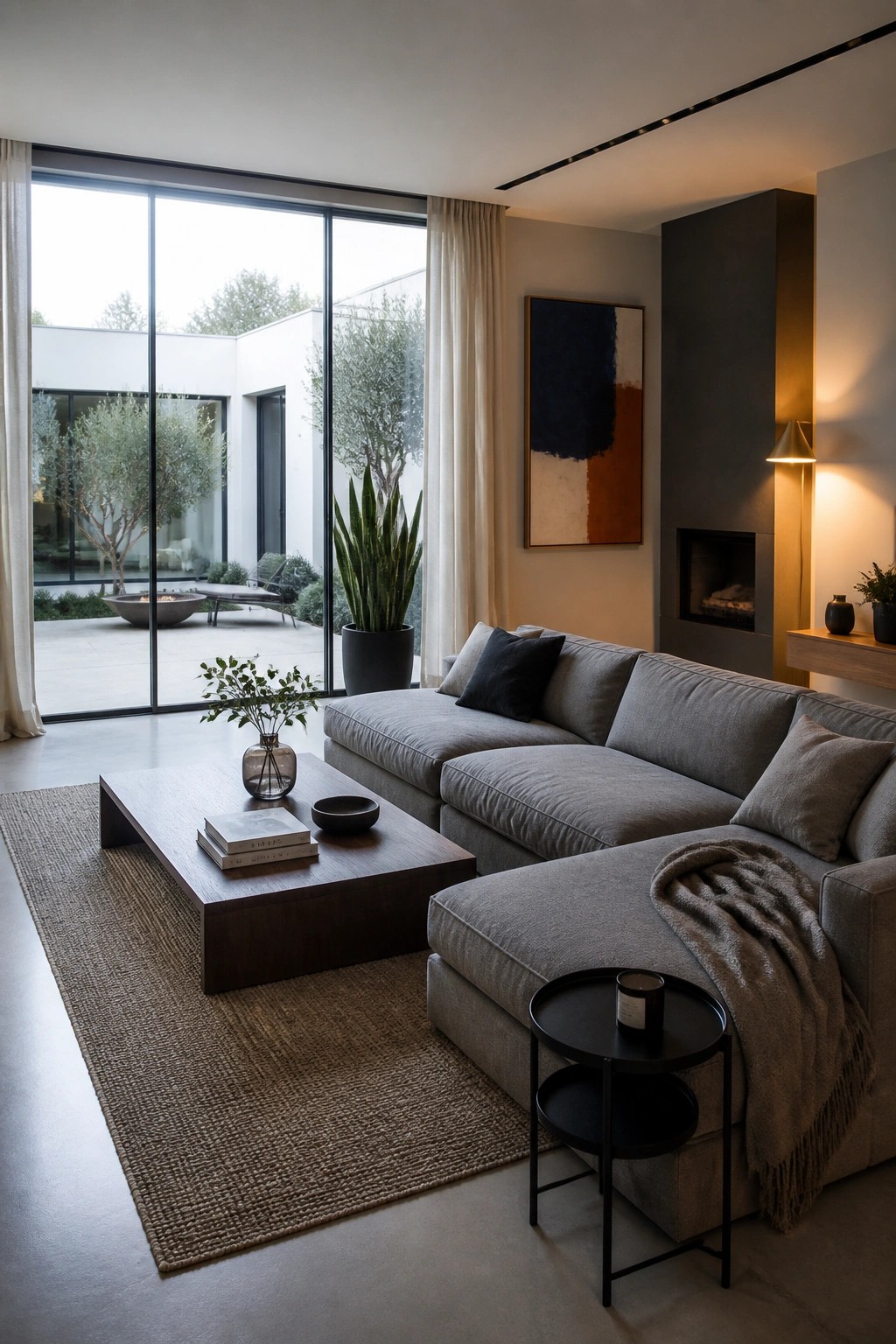 A modern living room featuring a large gray sectional sofa, wooden coffee table on a woven rug, abstract art with blue and terracotta tones, and a built-in fireplace.