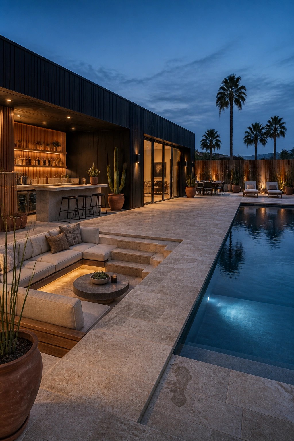 A modern house exterior at dusk showing a sunken outdoor seating area with light cushions, a round coffee table, steps leading to a long pool, and an open bar area with stools.