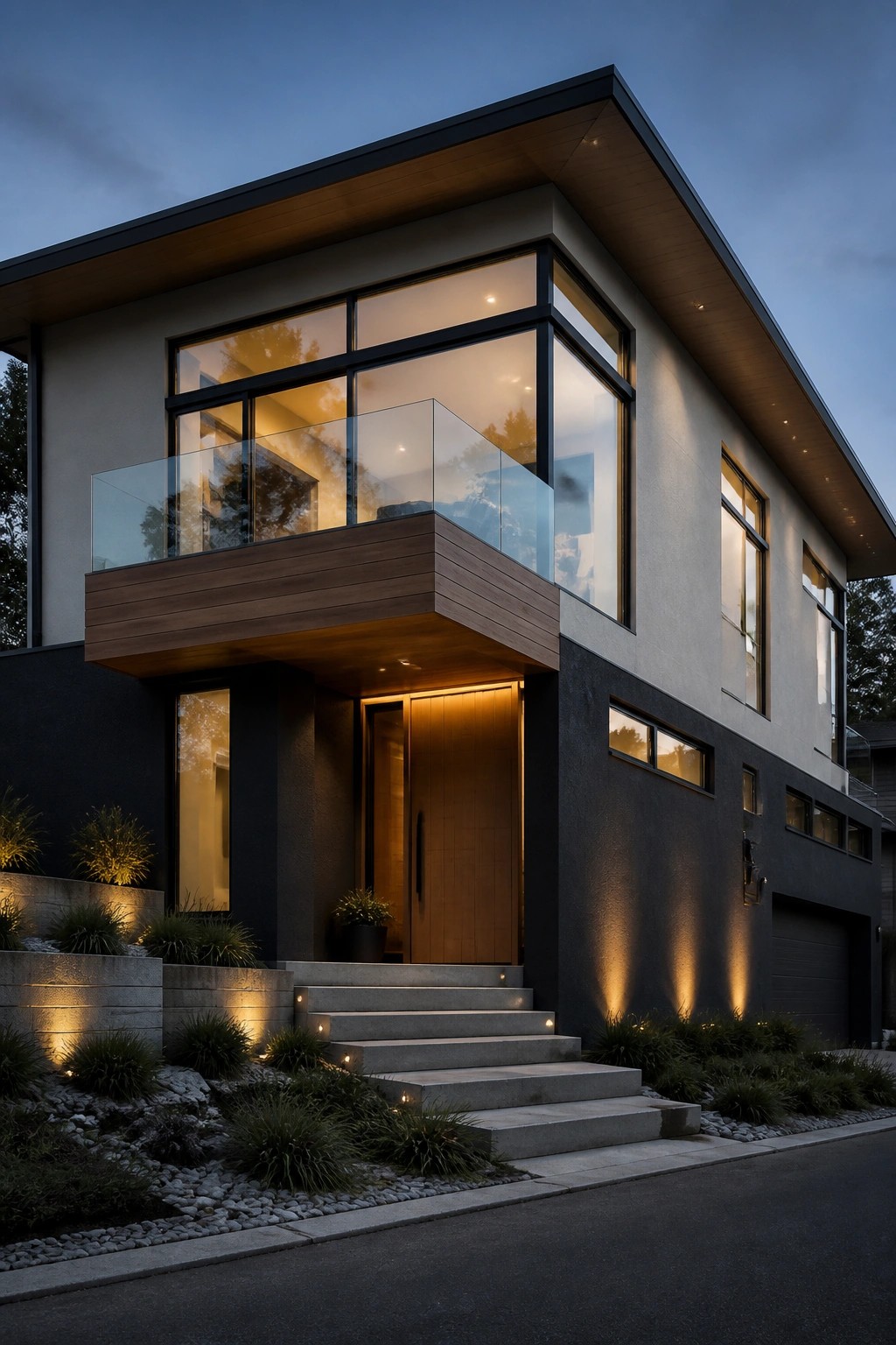 A modern two-story house at dusk with light gray upper walls, dark gray lower sections, large windows, a wooden front door and balcony, and concrete steps leading to the entrance.